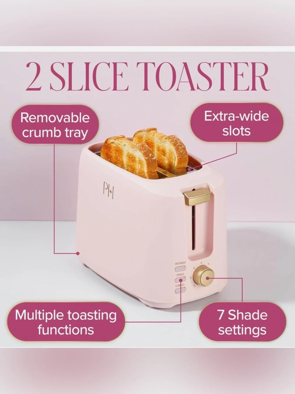 Paris Hilton 2 Slice Pink Toaster /  7 Shade Settings